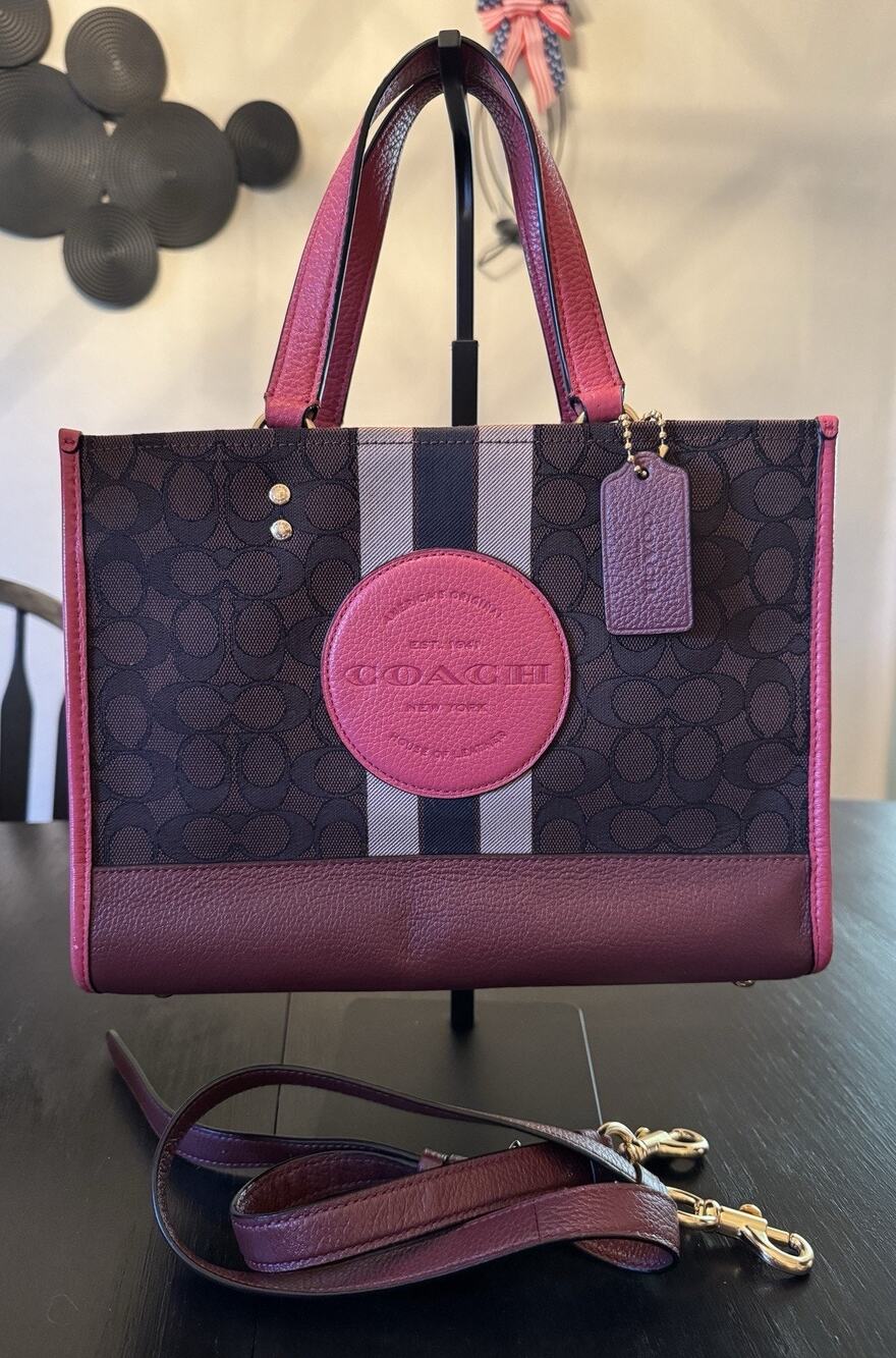 Coach Dempsey Carryall Signature Jacquard Stripe Pink Leather Tote Bag Crossbody